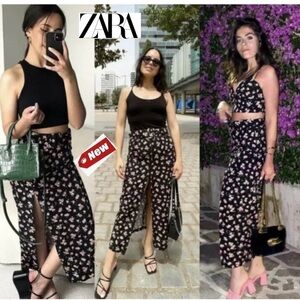 Zara black pink floral flower print high waisted belted front slit midi skirt XS